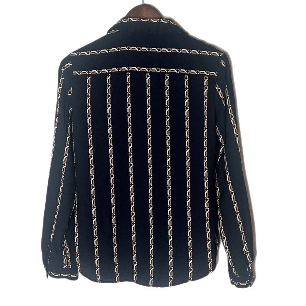 Carmen Marc Valvo Button Up Long Sleeve Chain Link Print Blouse Top - Picture 4 of 5